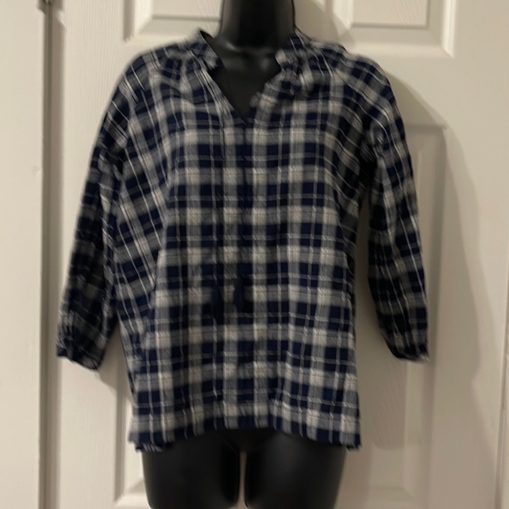 Madewell Camelia blue plaid popover tassel peasant top blouse size XXS